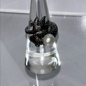 NWOT Gunmetal Plate Sterling Silver Koi Fish Ring With Genuine Pearl Boho
